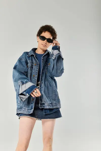 A young beautiful woman confidently poses in a trendy denim outfit, exuding style and charm. — Stock Photo