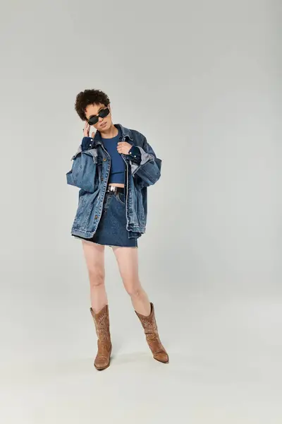 Une jeune belle femme se tient avec confiance, vêtue de denim, de bottes brunes et de lunettes de soleil élégantes. — Photo de stock