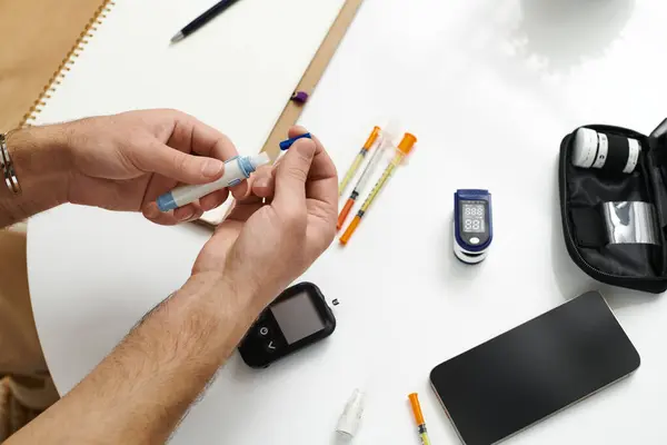 A young man with diabetes checks his blood sugar and prepares his insulin routine at home. — Stock Photo