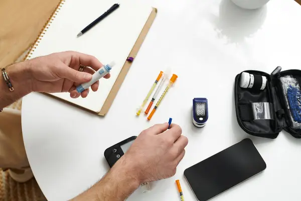 A young man with diabetes manages his insulin and blood sugar in his daily routine at home. — Stock Photo