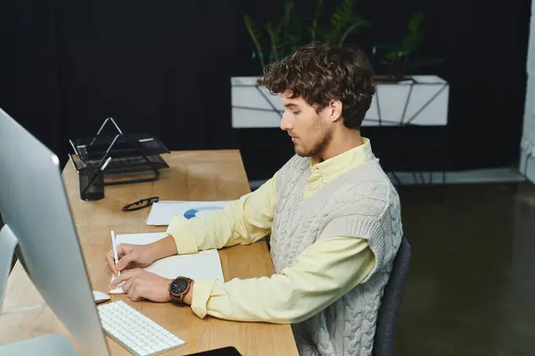 Um jovem profissional em um colete de camisola se concentra em tarefas em uma mesa de trabalho elegante em um escritório moderno. — Fotografia de Stock