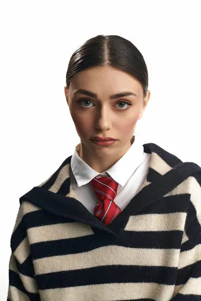 A young woman displays her beauty and emotions in stylish stripes with a serious look. — Stock Photo