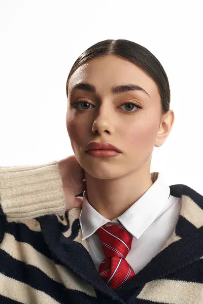 A young woman with an emotional expression displays her style in a contemporary studio. — Stock Photo
