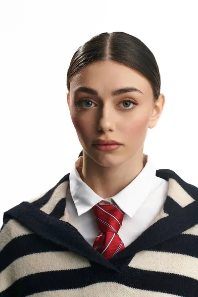 A beautiful young woman expresses deep emotions, wearing a striped sweater and red tie. — Stock Photo