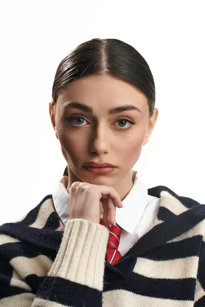 Una joven con rasgos llamativos muestra pensamientos profundos, vestida con un traje elegante. - foto de stock