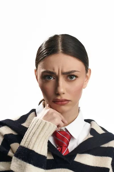 A young woman in a striped sweater ponders her feelings with a serious look. — Stock Photo