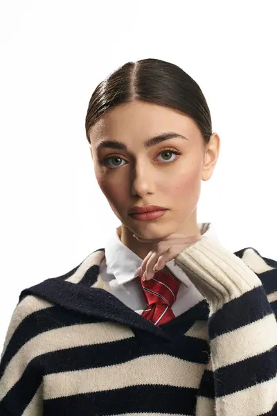 Una giovane donna con caratteristiche sorprendenti mostra varie emozioni mentre si veste in abbigliamento casual. — Foto stock