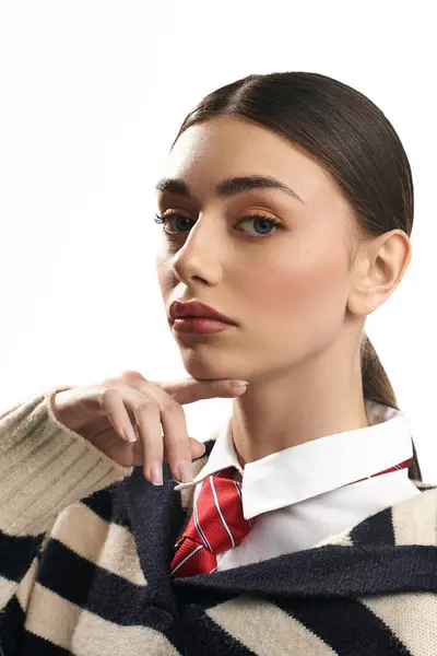 A young woman with an emotional gaze showcases her fashion sense while deep in thought. — Stock Photo