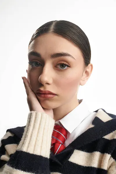 A young woman in a stylish sweater ponders thoughtfully with her hand on her face. — Stock Photo