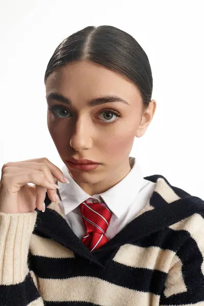 Mujer joven en un suéter a rayas y corbata roja muestra emociones profundas en el interior. - foto de stock