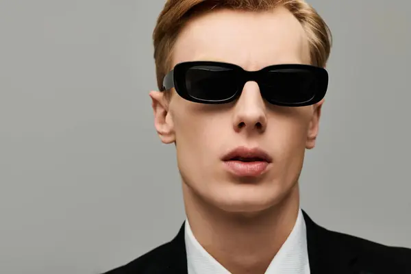 A young man poses confidently in stylish sunglasses and elegant attire. — Stock Photo