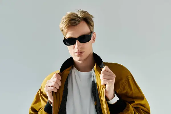 A charming young man adjusts his jacket while posing confidently against a minimalist backdrop. — Stock Photo