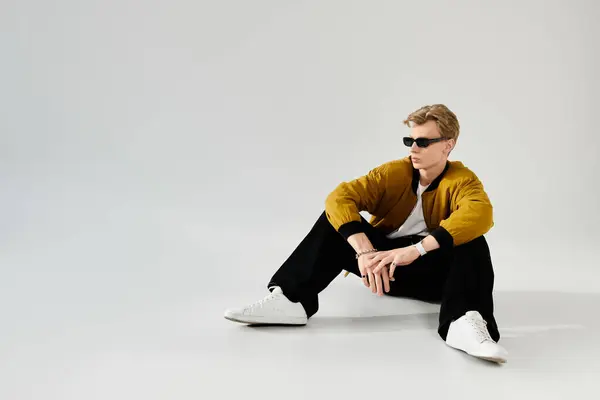 A cool young man in sunglasses and trendy clothes sits against a minimalist backdrop. — Stock Photo