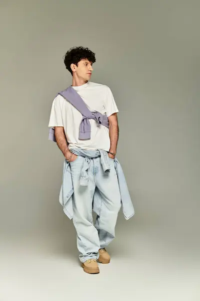 A young man showcases a fashionable and laid back look in a trendy outfit, standing confidently. — Stock Photo