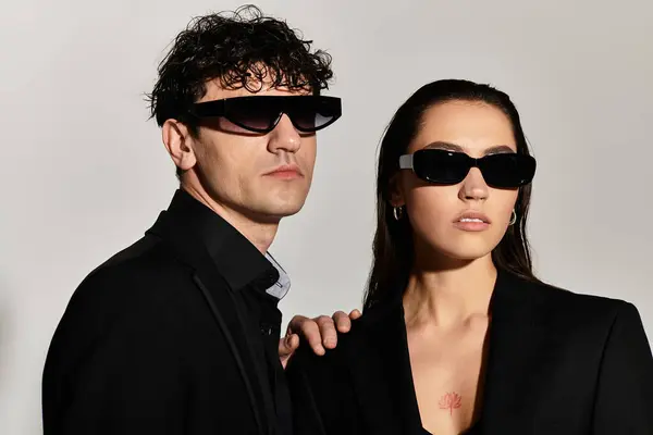 A young couple radiates style with bold sunglasses and sleek outfits against a minimalist backdrop. — Stock Photo