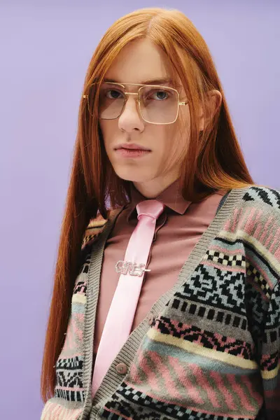 Handsome young individual with long red hair is dressed in fashionable attire and glasses. — Stock Photo