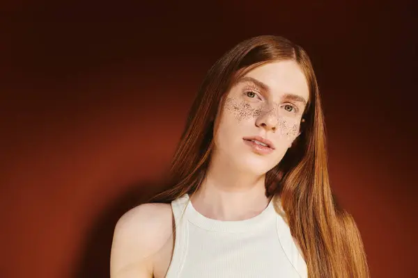 A handsome queer individual showcases his fashionable look with striking freckles and long red hair. — Stock Photo