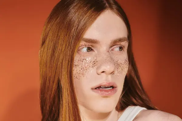 Un joven con el pelo largo y rojo y pecas brillantes muestra su estilo único. - foto de stock