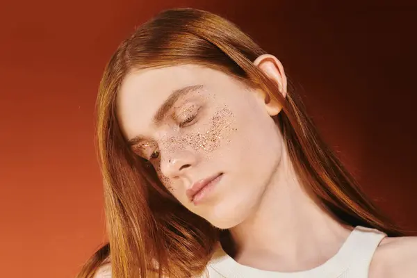 A young queer man with long red hair shows his artistic side in glittery makeup, urban setting. — Stock Photo