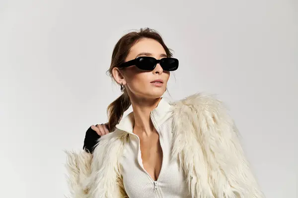 Mujer joven elegante muestra moda elegante con un abrigo de piel y gafas de sol con estilo. - foto de stock