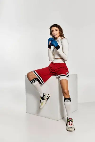 Young beautiful woman showcasing stylish boxing attire with elegance and confidence. — Stock Photo
