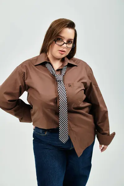 A young woman showcases her beauty and confidence while wearing a chic oversized shirt and tie. — Stock Photo