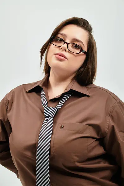 A young, beautiful plus size woman exudes confidence in a stylish brown shirt and striped tie. — Stock Photo