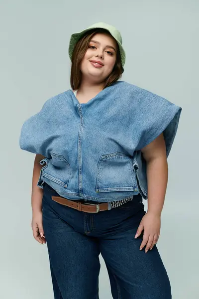 Young woman radiates beauty and confidence in a chic denim outfit, showcasing her unique style. — Stock Photo