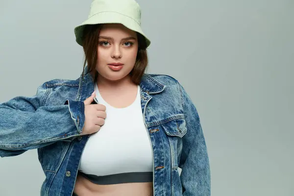 Plus size woman showcases her unique style with confidence in a comfy outfit and trendy hat. — Stock Photo
