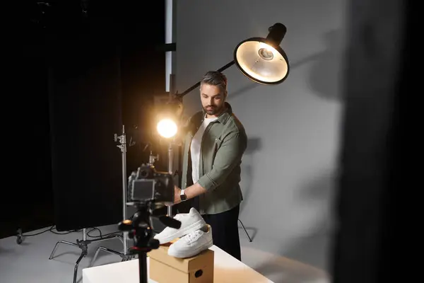 Homem ajusta equipamentos de iluminação enquanto fotografa um tênis elegante em um conjunto minimalista. — Fotografia de Stock