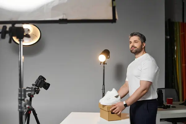 Un uomo diligente si prepara a mostrare una scarpa alla moda in un ambiente moderno da studio. — Foto stock