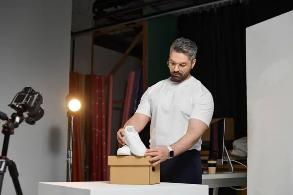 A man focuses intently on arranging white sneakers inside a box in a studio setting. — Stock Photo