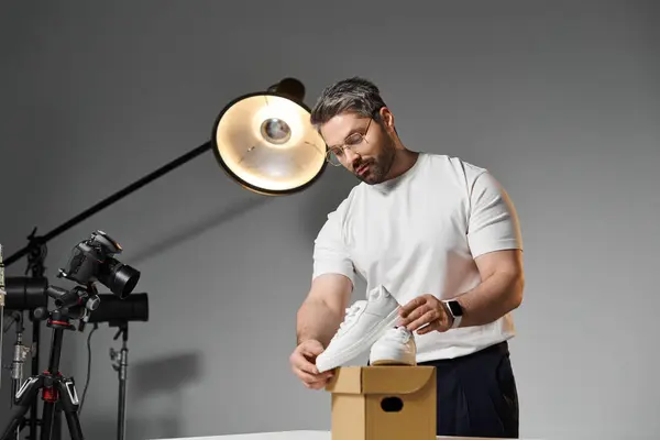 A dedicated man inspects new shoes, readying for a shoot that highlights craftsmanship. — Stock Photo