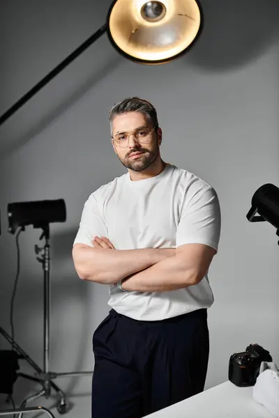 Un individu dévoué embrasse son métier dans un studio bien éclairé, mettant en valeur son talent. — Photo de stock