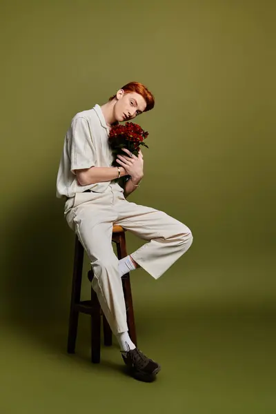 A young, handsome man in light clothes rests on a wooden stool, clutching flowers. — Stock Photo