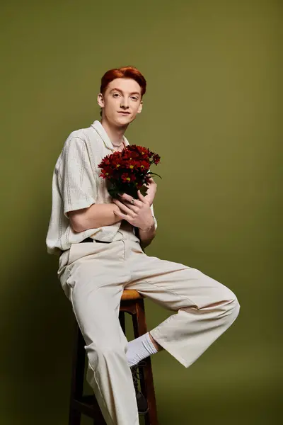 Un beau jeune homme assis sur un tabouret, berçant doucement un bouquet de fleurs, exsudant des émotions. — Photo de stock