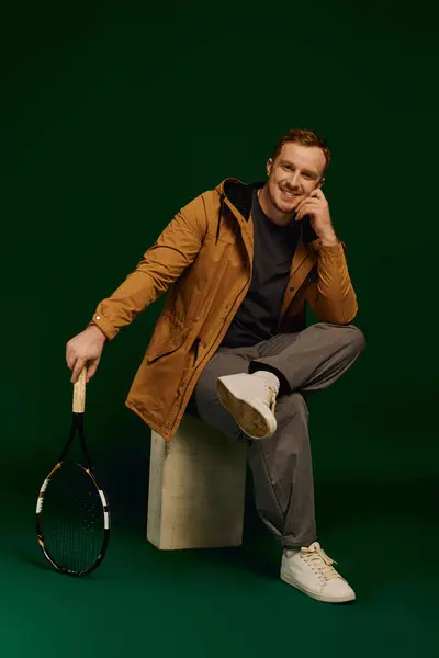 Stylish man in casual attire sits confidently on a pedestal holding a tennis racket in a studio. — Stock Photo