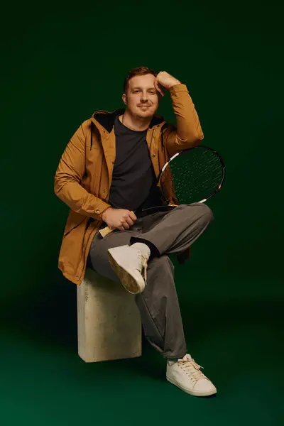 A stylish man in casual attire relaxes on a pedestal, holding a tennis racket. — Stock Photo