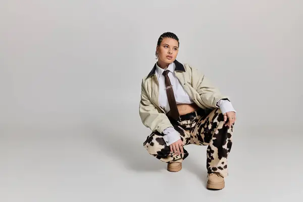 Young fashionable woman poses confidently in a modern outfit featuring unique patterns and colors — Stock Photo