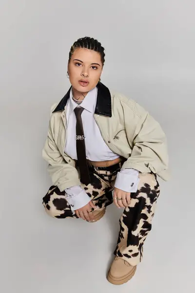Young trendsetter confidently poses in a chic outfit with unique patterns and style. — Stock Photo