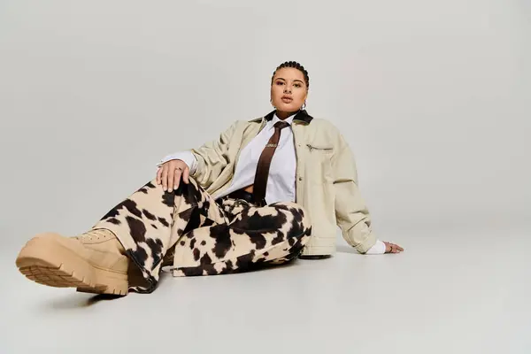 A stylish individual sits on the floor, highlighting a mix of textures and patterns in her outfit. — Stock Photo