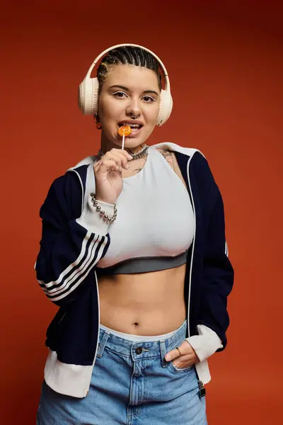 Junge modische Frau probiert süße Leckerbissen, während sie in einem coolen Studio trendige Kopfhörer trägt. — Stockfoto
