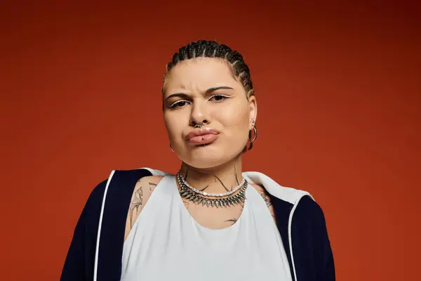 A confident young woman with braids and vibrant tattoos poses against a striking backdrop. — Stock Photo