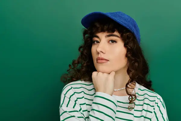 Trendy woman in stylish outfit rests her chin on her hand, gazing thoughtfully at the camera. — Stock Photo