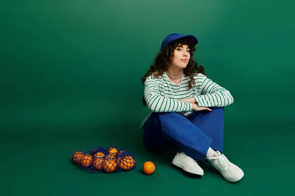 Une femme à la mode respire l'émotion tout en posant avec des oranges fraîches, sur fond vert. — Photo de stock