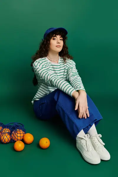 Fashionable young woman with curly hair sits against a vibrant green backdrop, expressing emotion. — Stock Photo