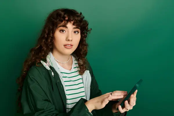 Una mujer joven y elegante muestra emociones mientras usa su teléfono junto a una pared verde. - foto de stock