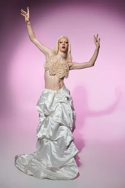 A confident drag queen showcases trendy attire in a chic environment, radiating style and flair. — Stock Photo