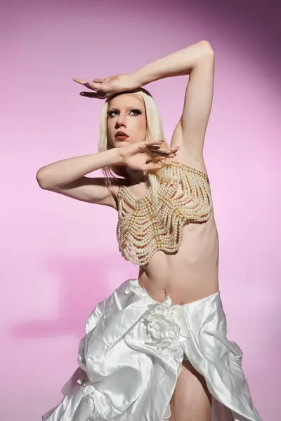 A dynamic drag queen poses confidently, showcasing a trendsetting outfit with flair and charisma. — Stock Photo