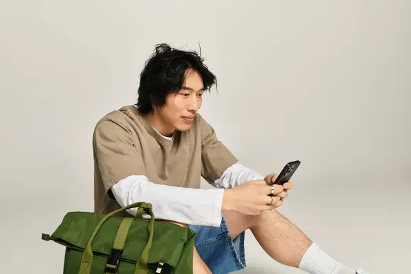 A handsome young asian man sits on the floor, focused on his phone, dressed in trendy casual wear. — Stock Photo